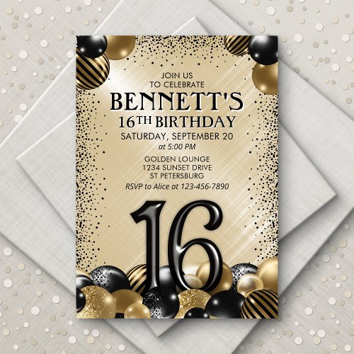 16th Balloons Black Gold Birthday Invitation