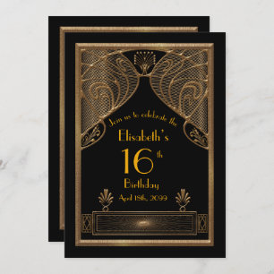 16th,Birthday 16th,Art Deco, black gold Invitation