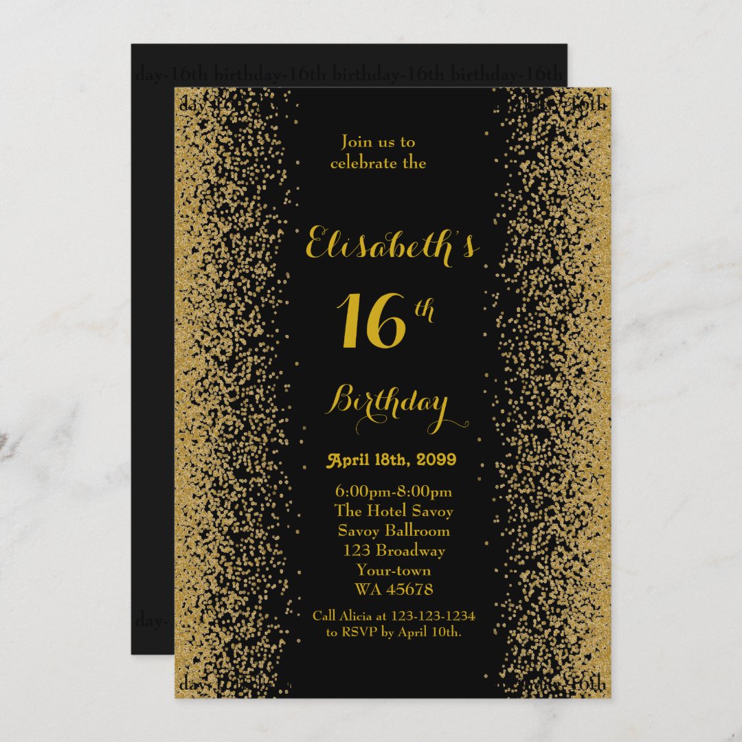 16th,Birthday 16th,Glitter,black gold Invitation | Zazzle