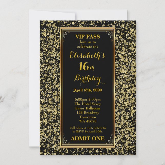 16th,Birthday 16th,Glitter Gold,ticket,black gold Invitation (Front)