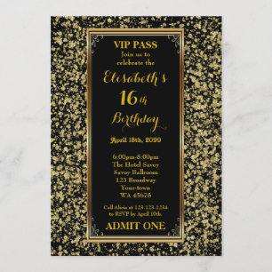 16th,Birthday 16th,Glitter Gold,ticket,black gold Invitation