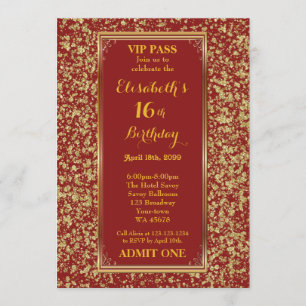 16th,Birthday 16th,Glitter Red,ticket,Red gold Invitation