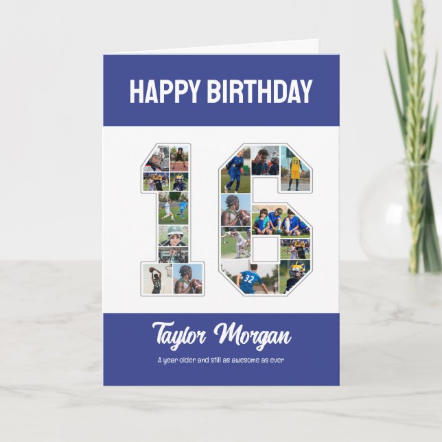 16th Birthday Anniversary Number 16 Photo Collage Card (Front)