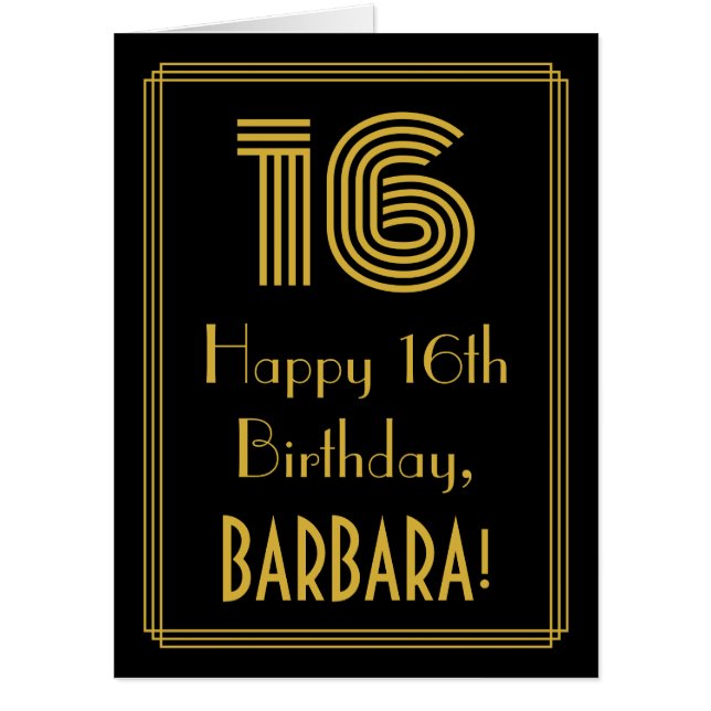 16th Birthday: Art Deco Inspired Look “16” + Name Card (Front)