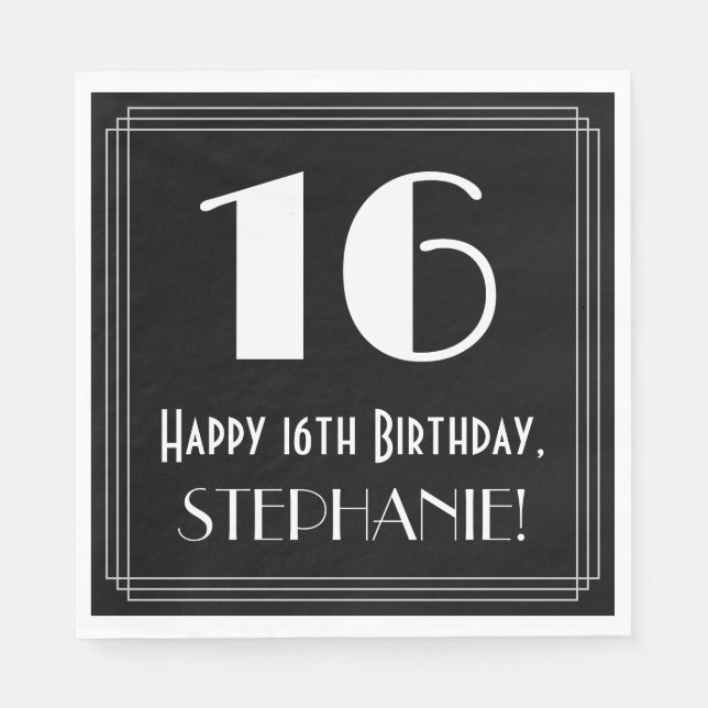 16th Birthday ~ Art Deco Inspired Look "16", Name Napkins (Front)