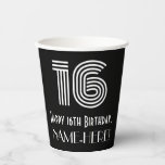 [ Thumbnail: 16th Birthday — Art Deco Inspired Look “16” + Name Paper Cups ]