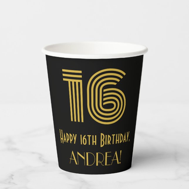 16th Birthday: Art Deco Inspired Look “16” & Name Paper Cups (Back)
