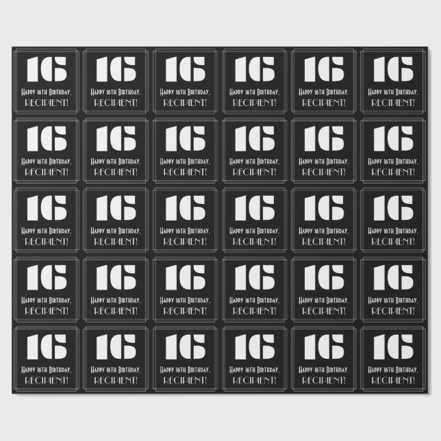 16th Birthday: Art Deco Inspired Look "16" & Name Wrapping Paper (Flat)