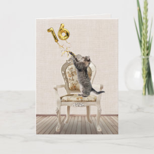 16th Birthday Balloons and Tabby Cat Card