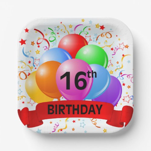 16th Birthday Balloons Banner Paper Plates