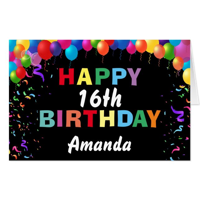 16th Birthday Balloons Black Extra Large Jumbo Card (Front Horizontal)