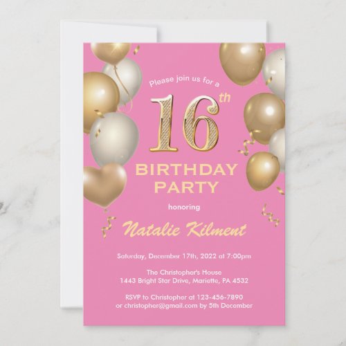 16th Birthday Birthday Pink and Gold Balloons Invitation