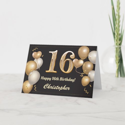 16th Birthday Black and Gold Balloons Birthday Card