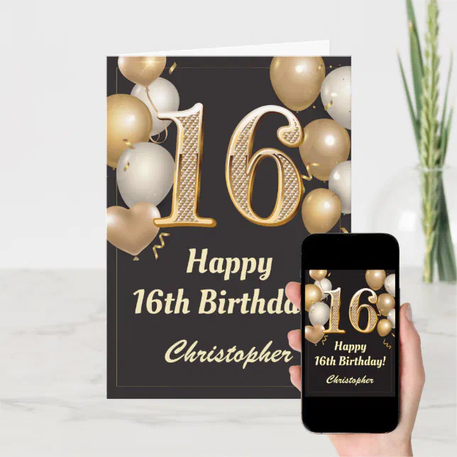 16th Birthday Black and Gold Balloons Confetti Card | Zazzle