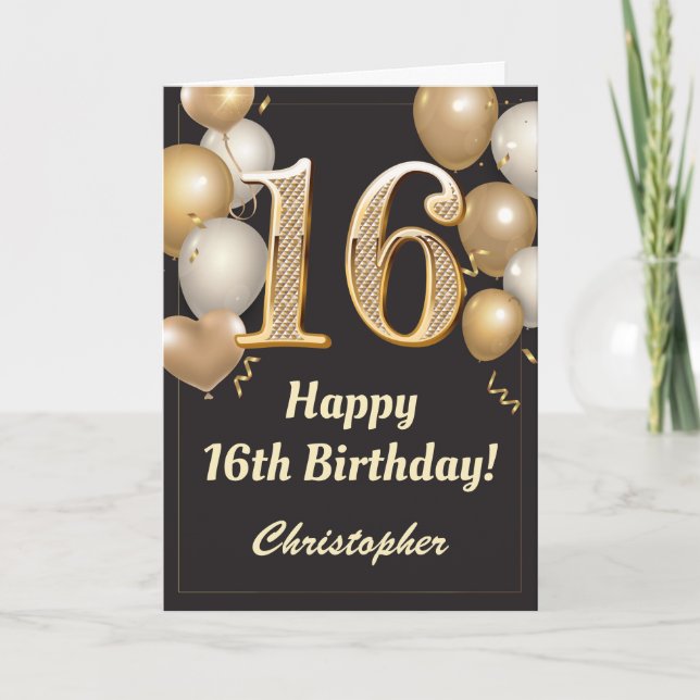 16th Birthday Black and Gold Balloons Confetti Card (Front)