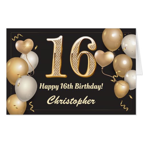 16th Birthday Black and Gold Balloons Extra Large Card