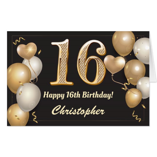 16th Birthday Black and Gold Balloons Extra Large Card (Front Horizontal)
