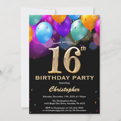 16th Birthday Black and Gold Colorful Balloons Invitation