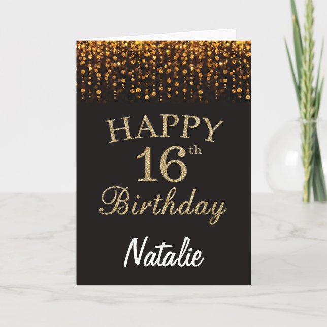 16th Birthday Black and Gold Glitter Card (Front)