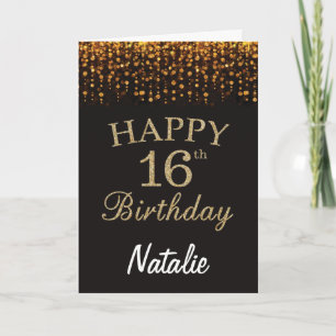 16th Birthday Black and Gold Glitter Card