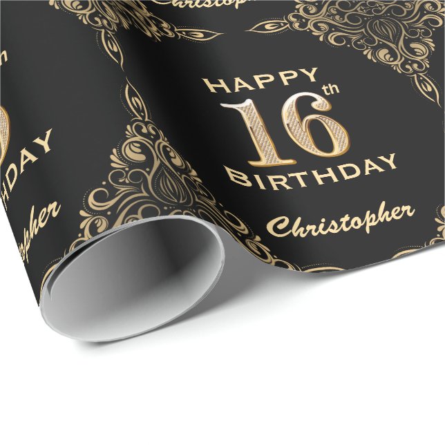 16th Birthday Black and Gold Glitter Frame Wrapping Paper (Roll Corner)