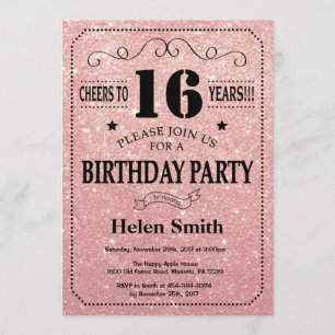 16th Birthday Black and Pink Rose Gold Glitter Invitation