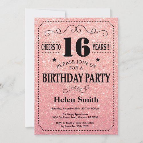 16th Birthday Black and Pink Rose Gold Glitter Invitation