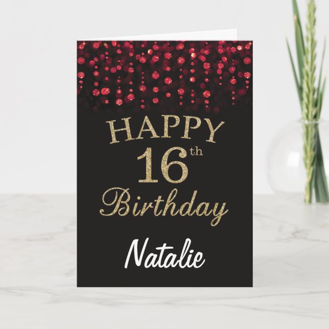 16th Birthday Black and Red Gold Glitter Card (Front)