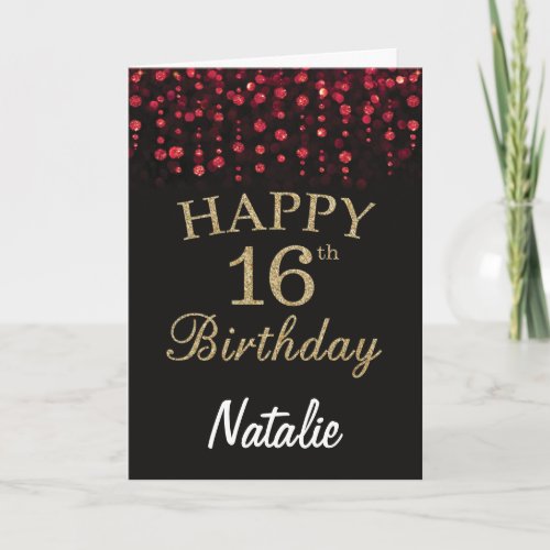 16th Birthday Black and Red Gold Glitter Card