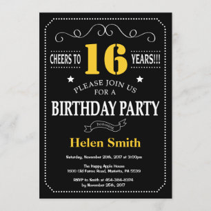 16th Birthday Black and Yellow Chalkboard Invitation