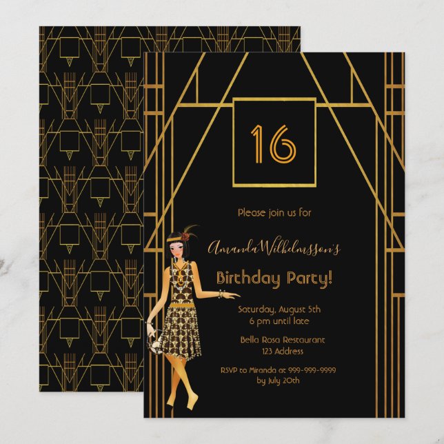 16th birthday black gold 1920's art deco style invitation (Front/Back)