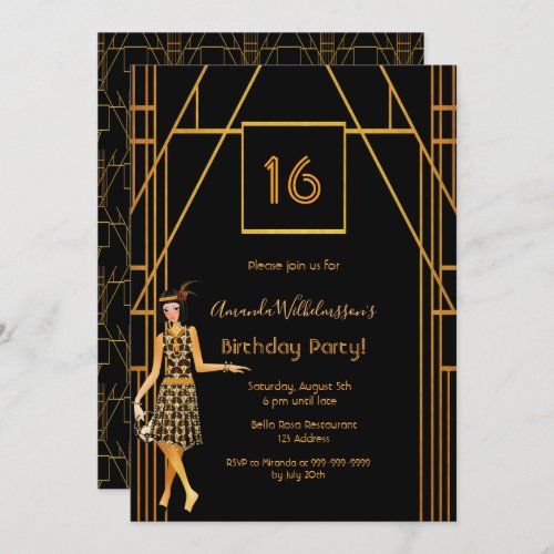 16th birthday black gold 1920s art deco style invitation