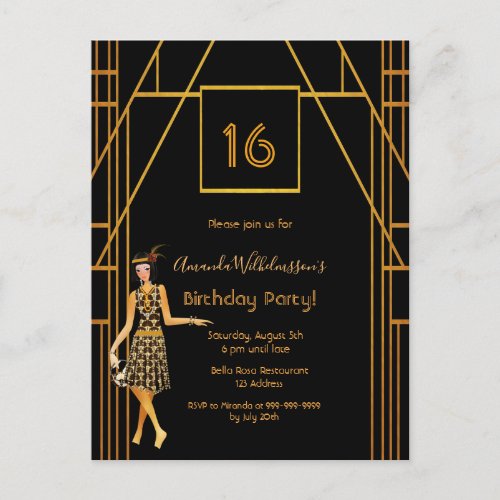 16th birthday black gold art deco style invitation postcard