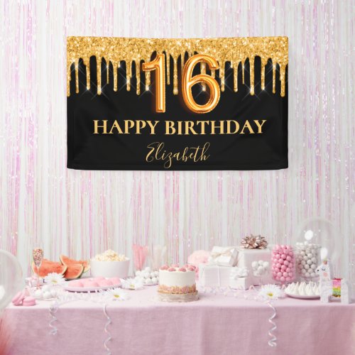 16th birthday black gold glitter glamorous party banner