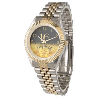 16th birthday black gold name elegant bow watch