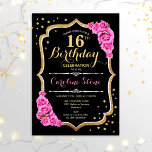 16th Birthday - Black Gold Pink Roses Invitation<br><div class="desc">16th birthday celebration invitation. Elegant black design with faux glitter gold and pink roses. Features stylish script font and confetti. Perfect for an elegant birthday party. Can be customized into any age.</div>