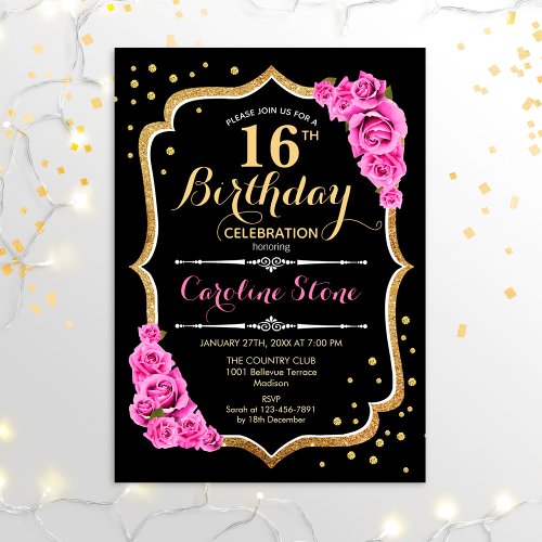 16th Birthday _ Black Gold Pink Roses Invitation