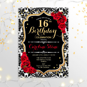 16th Birthday - Black Gold Red Roses Invitation