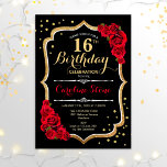 16th Birthday - Black Gold Red Roses Invitation<br><div class="desc">16th birthday celebration invitation.
Elegant black design with faux glitter gold and red roses. Perfect for an elegant birthday party. Can be customized into any age.</div>