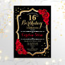 16th Birthday - Black Gold Red Roses Invitation