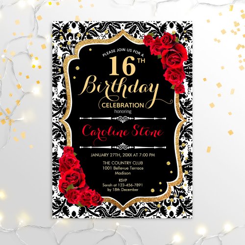 16th Birthday _ Black Gold Red Roses Invitation