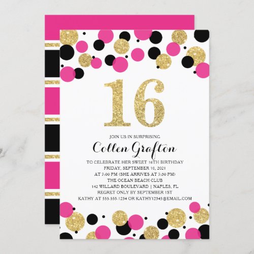 16th Birthday Black Hot Pink Gold Glitter Confetti Invitation