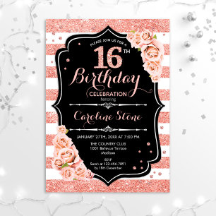 16th Birthday Black Rose Gold and White Stripes Invitation