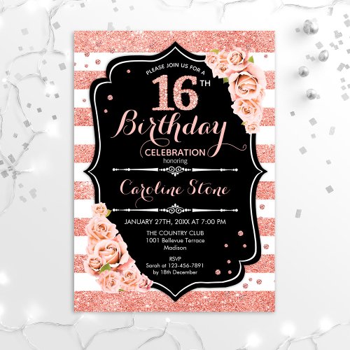 16th Birthday Black Rose Gold and White Stripes Invitation