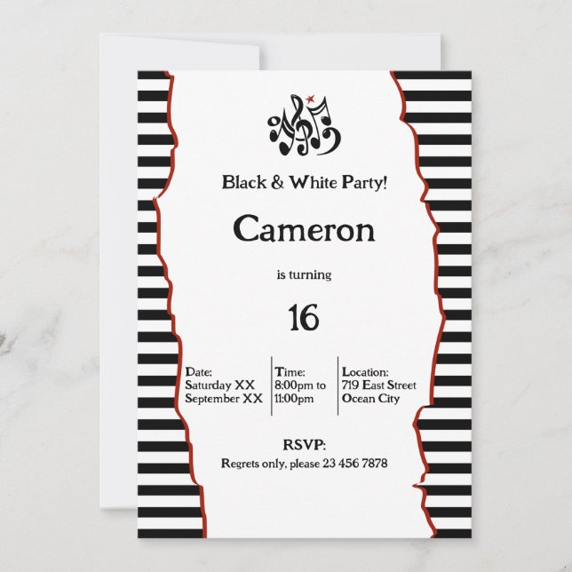 16th Birthday Black & White Party  Invitation (Front)