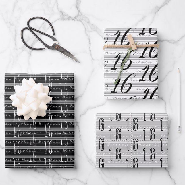 16th Birthday Black White Typography Numbers Wrapping Paper Sheets (Front)
