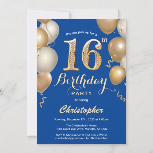 16th Birthday Blue and Gold Balloons Confetti Invitation