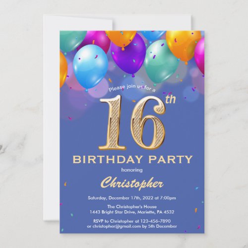 16th Birthday Blue and Gold Colorful Balloons Invitation