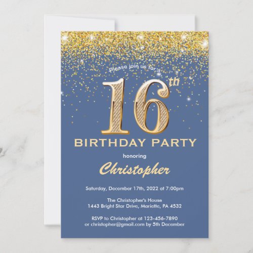 16th Birthday Blue and Gold Glitter Confetti Invitation