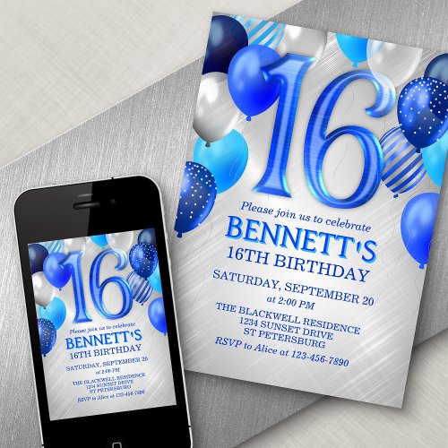 16th Birthday Blue Balloons Invitation